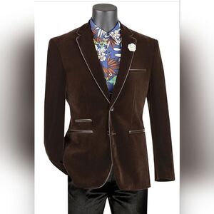MEN'S VINCI SINGLE BREAST BROWN VELVET SLIMFIT SPT. COAT W/ FAUX LEATHER TRIM.